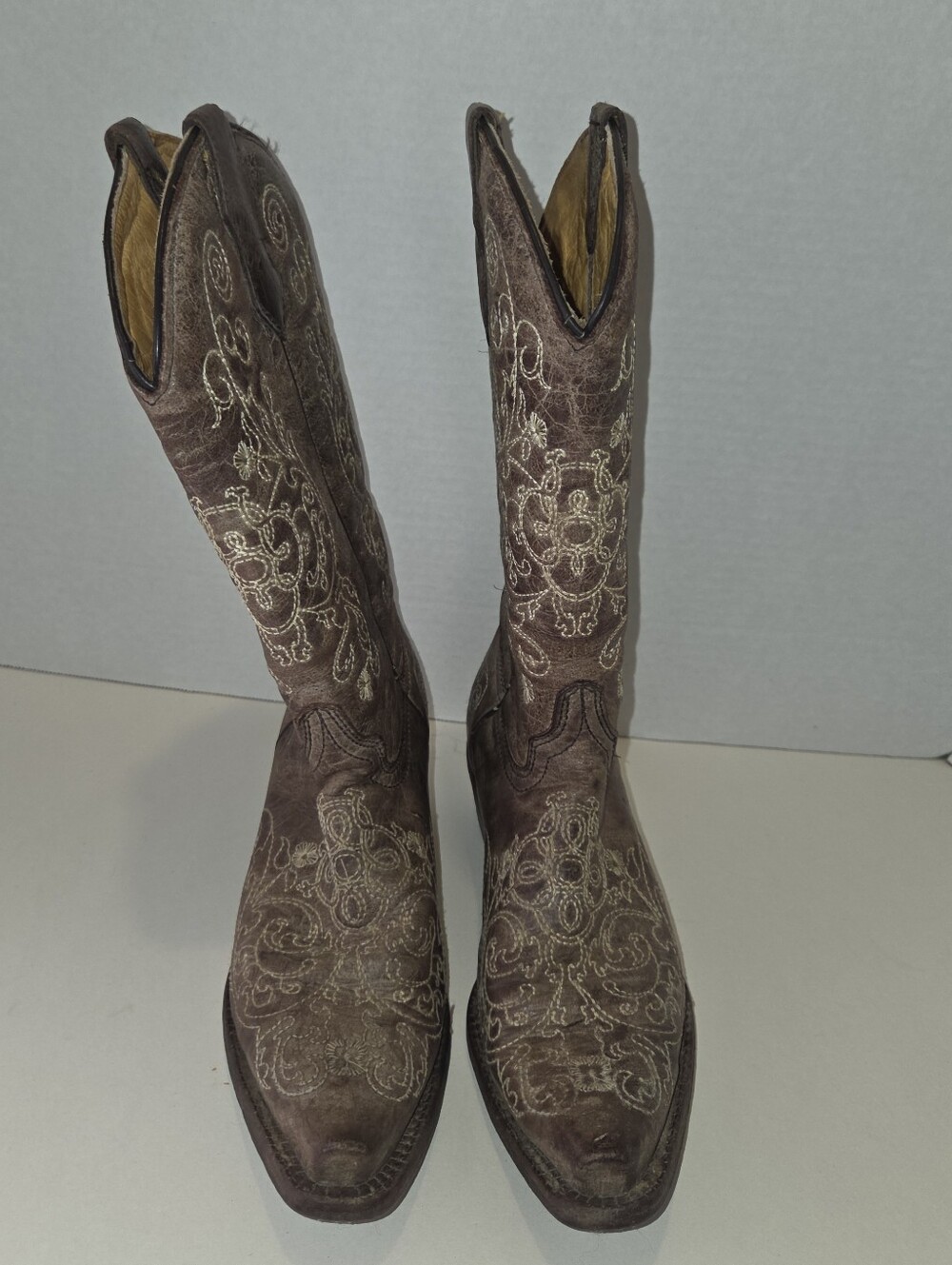 Corral Womens/Teens Sz 4T Brown Leather  Cowboy Boots Embroidered Floral Scrolls - Picture 3 of 9